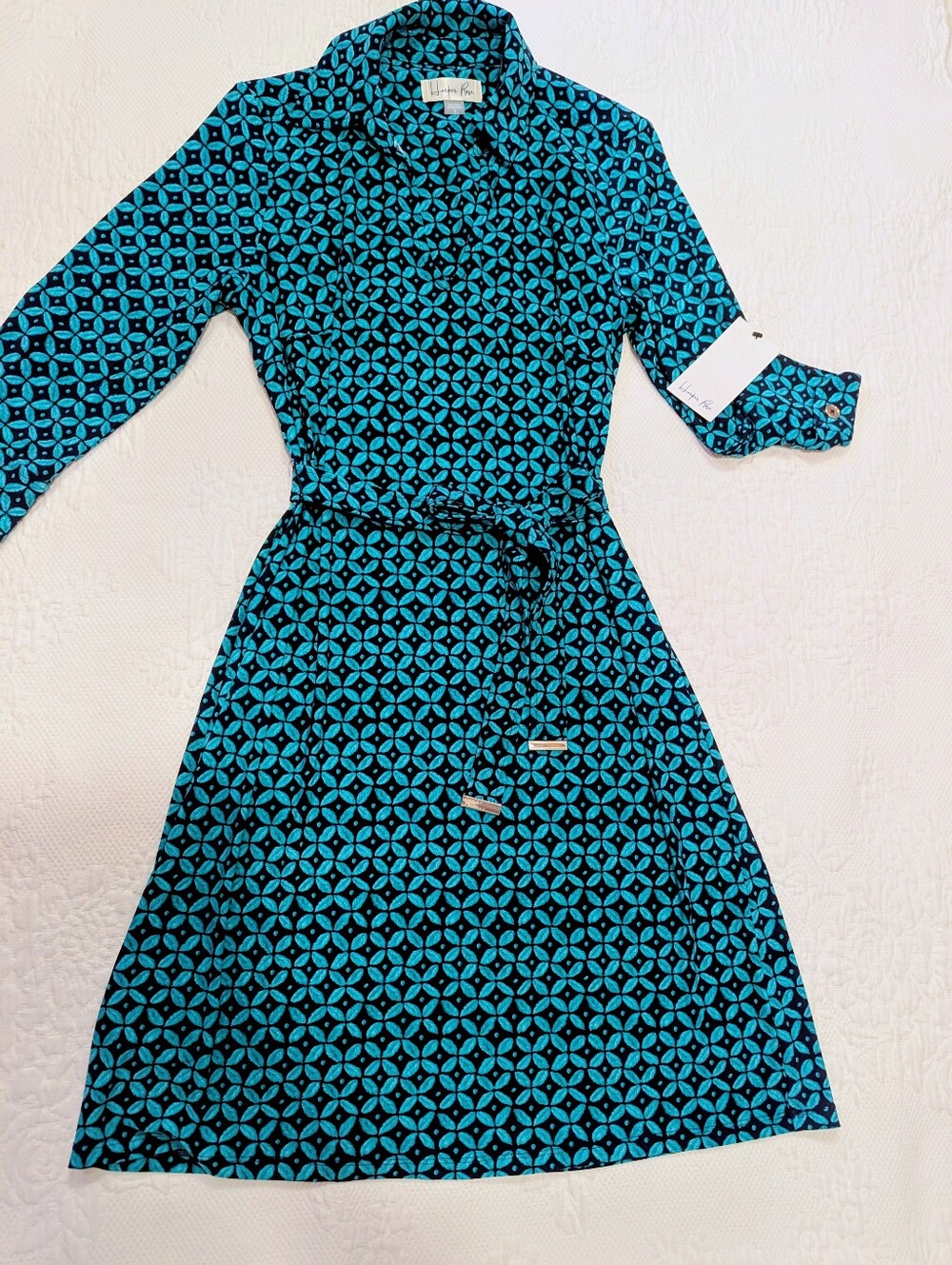 Harper Rose Teal & Navy Geometric Pattern Belted Shirt Dress - Size 8 - Picture 3 of 8